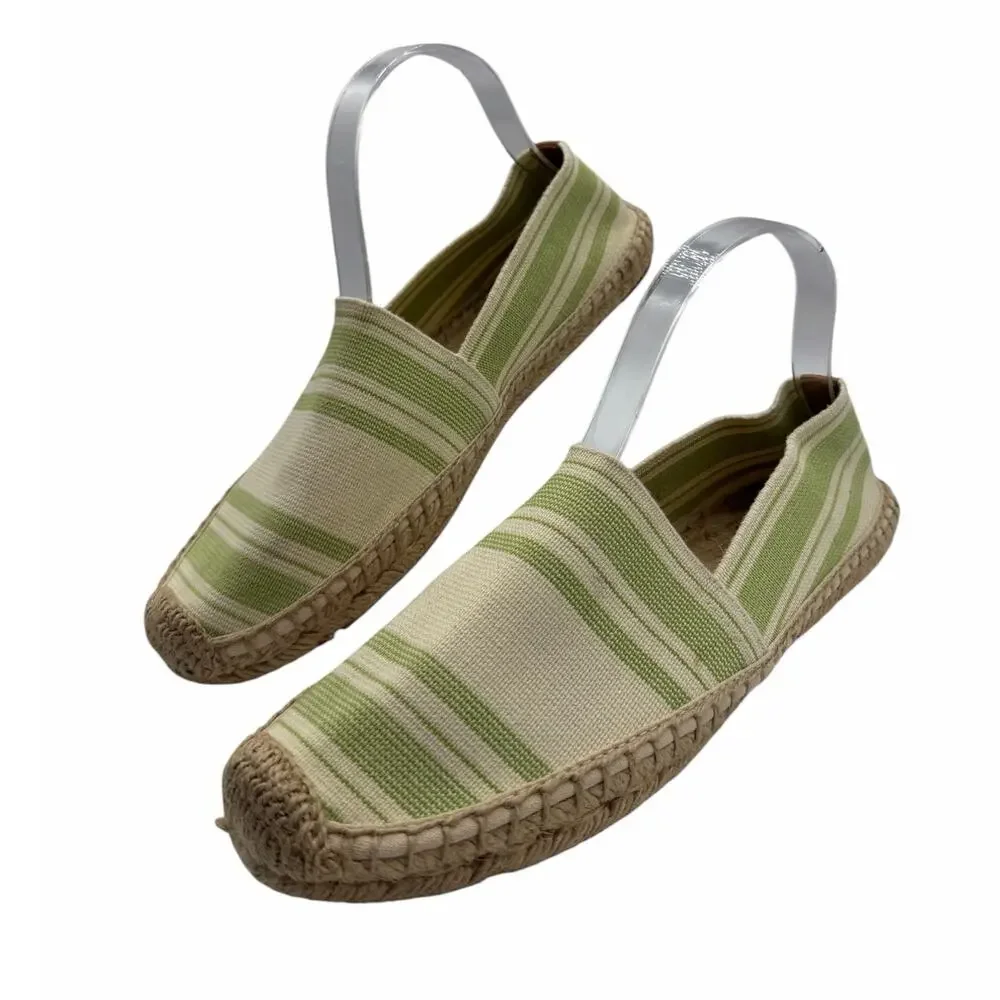 Tory Burch Striped Espadrille Slip-On Flats Green‎ Ivory Canvas Jute Women’s 10